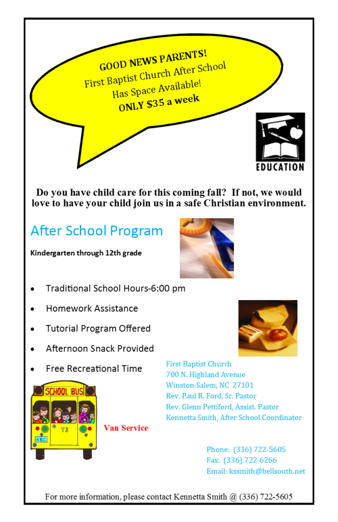 Image describing the afterschool program at First Baptist Church.